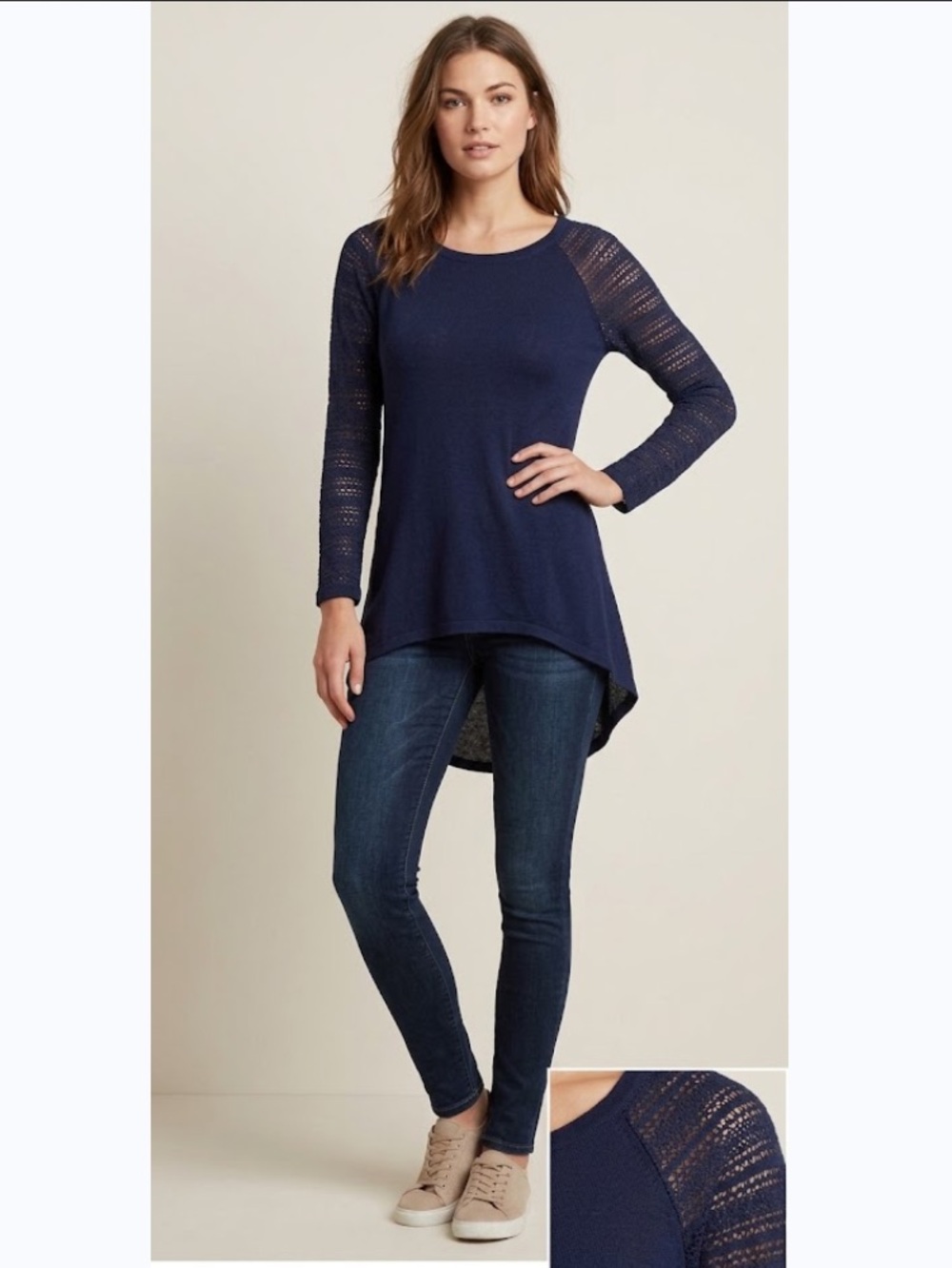 Navy Blue Crochet Lace (See through) Long Sleeve, High Low Tunic Sweater